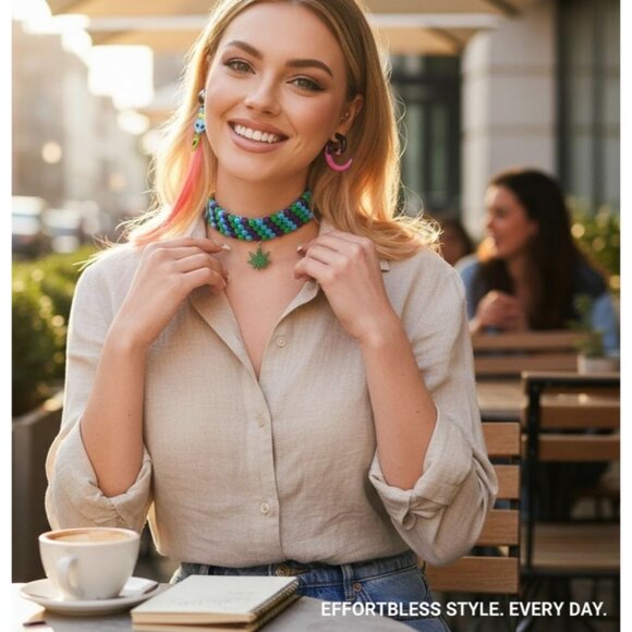 Beaded Choker – Higher Soul Green Leaf Pendant w/ Adjustable Chain – Festival - Picture 3 of 3